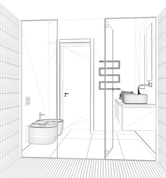 Proje taslağı, minimalist banyo, fayanslı ve spot lambalı büyük duşun içinden manzara, aynalı lavabo, seramik tuvalet ve bide. Modern iç tasarım