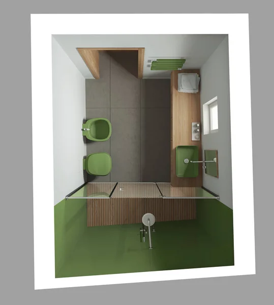 Minimalist Bathroom Green Wooden Tones Concrete Tiles Floor Large Shower — Foto Stock
