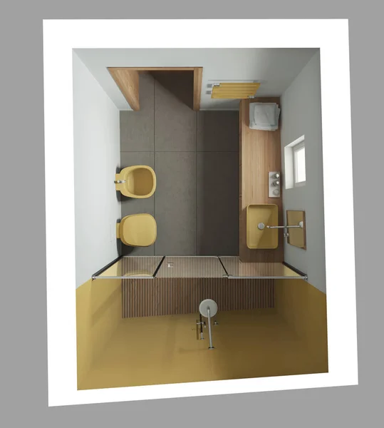 Minimalist Bathroom Yellow Wooden Tones Concrete Tiles Floor Large Shower — Foto Stock
