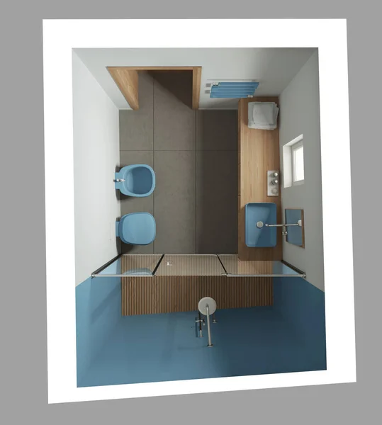 Minimalist Bathroom Blue Wooden Tones Concrete Tiles Floor Large Shower — Foto Stock