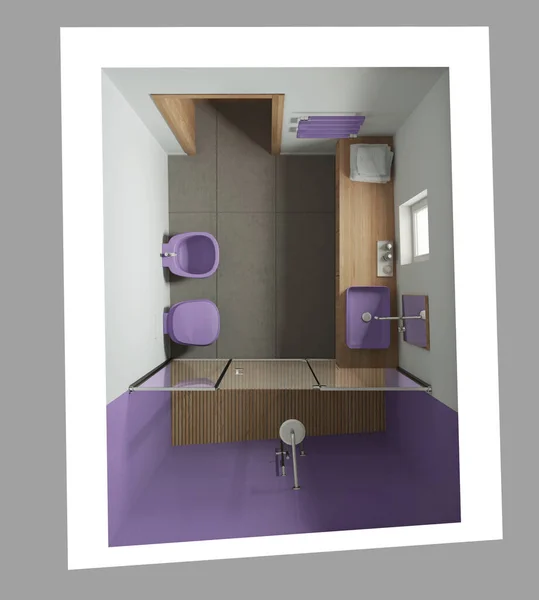Minimalist Bathroom Purple Wooden Tones Concrete Tiles Floor Large Shower — Foto Stock