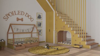 Köpek odasının iç tasarımı, sarı ve ahşap tonlarda evcil hayvanlara ayrılmış rahat bir yer. Merdivenler parmak izleriyle süslenmiş, köpek kulübesi kapılı, köpek yatağı yastıklı, halı oyuncaklar ve toplarla süslenmiş.