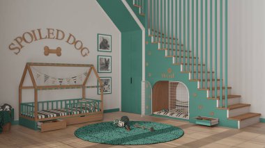 Köpek odasının iç tasarımı, turkuaz ve ahşap tonlarda evcil hayvanlara ayrılmış rahat bir yer. Merdivenler parmak izleriyle süslenmiş, köpek kulübesi kapılı, köpek yatağı yastıklı, halı oyuncaklar ve toplarla süslenmiş.