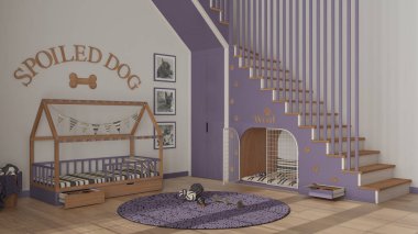 Köpek odasının iç tasarımı, mor ve ahşap renkte evcil hayvanlara ayrılmış rahat bir yer. Merdivenler parmak izleriyle süslenmiş, köpek kulübesi kapılı, köpek yatağı yastıklı, halı oyuncaklar ve toplarla süslenmiş.