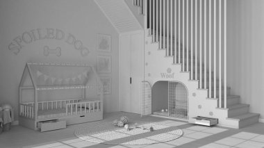 Tamamen beyaz proje taslağı, köpek odası iç tasarımı, evcil hayvanlara ayrılmış rahat bir yer. Merdivenler parmak izleriyle süslenmiş, köpek kulübesi kapılı, köpek yatağı yastıklı, halı oyuncaklar ve toplarla süslenmiş.