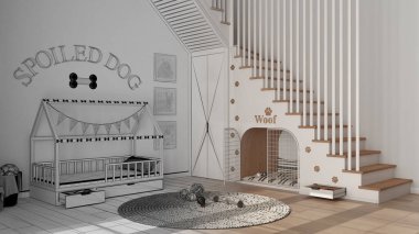 Mimar iç mimar konsepti: elle çizilmiş tamamlanmamış proje, köpek odası, evcil hayvanlara ayrılmış alan. Merdiven, kulübe, yastıklı köpek yatağı, oyuncaklı halı.