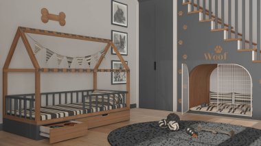 Gri ve ahşap tonlu evcil hayvanlara adanmış modern alan, köpek odası iç tasarım fikri. Merdivenler parmak izleriyle süslenmiş, köpek kulübesi kapılı, köpek yatağı yastıklı, halı ve oyuncaklarla dolu.