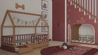 Kırmızı ve ahşap tonlu evcil hayvanlara adanmış modern alan, köpek odası iç tasarım fikri. Merdivenler parmak izleriyle süslenmiş, köpek kulübesi kapılı, köpek yatağı yastıklı, halı ve oyuncaklarla dolu.