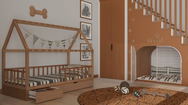 Turuncu ve ahşap tonlu evcil hayvanlara adanmış modern alan, köpek odası iç tasarım fikri. Merdivenler parmak izleriyle süslenmiş, köpek kulübesi kapılı, köpek yatağı yastıklı, halı ve oyuncaklarla dolu.