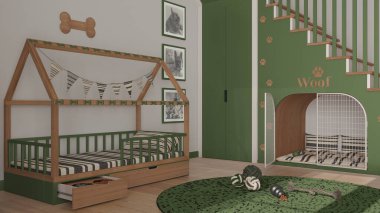 Yeşil ve ahşap tonlu evcil hayvanlara adanmış modern alan, köpek odası iç tasarım fikri. Merdivenler parmak izleriyle süslenmiş, köpek kulübesi kapılı, köpek yatağı yastıklı, halı ve oyuncaklarla dolu.