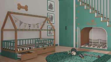 Turkuaz ve ahşap tonlu evcil hayvanlara adanmış modern alan, köpek odası iç mimari fikri. Merdivenler parmak izleriyle süslenmiş, köpek kulübesi kapılı, köpek yatağı yastıklı, halı ve oyuncaklarla dolu.