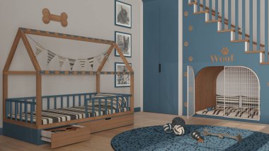 Mavi ve ahşap tonlu evcil hayvanlara adanmış modern alan, köpek odası iç tasarım fikri. Merdivenler parmak izleriyle süslenmiş, köpek kulübesi kapılı, köpek yatağı yastıklı, halı ve oyuncaklarla dolu.