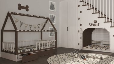 Karanlık ahşap tonlarda evcil hayvanlara adanmış modern alan, köpek odası iç tasarım fikri. Merdivenler parmak izleriyle süslenmiş, köpek kulübesi kapılı, köpek yatağı yastıklı, halı ve oyuncaklarla dolu.