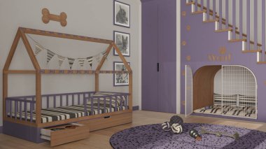 Modern alan mor ve ahşap tonlu evcil hayvanlara adanmıştır, köpek odası iç mimari fikri. Merdivenler parmak izleriyle süslenmiş, köpek kulübesi kapılı, köpek yatağı yastıklı, halı ve oyuncaklarla dolu.