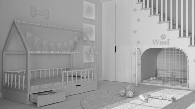 Tamamen beyaz proje taslağı, evcil hayvanlara ayrılmış modern alan, köpek odası iç tasarım fikri. Merdivenler parmak izleriyle süslenmiş, köpek kulübesi kapılı, köpek yatağı yastıklı, halı ve oyuncaklarla dolu.