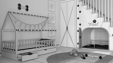 Tamamlanmamış proje taslağı, evcil hayvanlara ayrılmış modern alan, köpek odası iç tasarım fikri. Merdivenler parmak izleriyle süslenmiş, köpek kulübesi kapılı, köpek yatağı yastıklı, halı ve oyuncaklarla dolu.