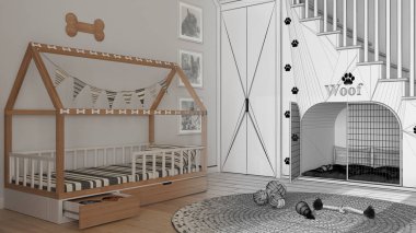 Mimari iç mimar konsepti: elle çizilmiş tamamlanmamış proje, evcil hayvanlara ayrılmış alan, köpek odası. Kulübeli merdiven, köpek yatağı, oyuncaklı halı.