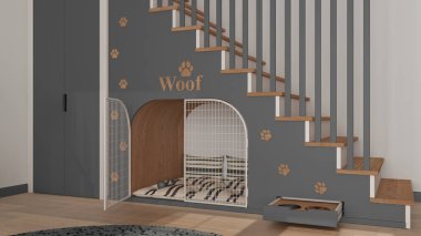 Gri ve ahşap tonlu evcil hayvanlara ayrılmış rahat bir yer, köpek odası iç tasarımı, konsept fikir. Tahta merdiven, parmak izleri, yastıklı köpek kulübesi ve gardırop.