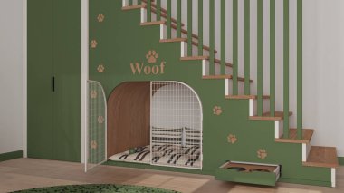 Yeşil ve ahşap renkte evcil hayvanlara ayrılmış rahat bir yer, köpek odası iç tasarımı, konsept fikir. Tahta merdiven, parmak izleri, yastıklı köpek kulübesi ve gardırop.