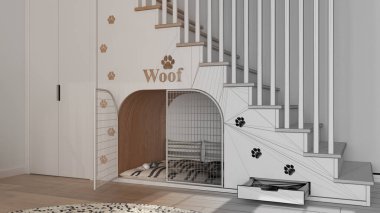 Mimar iç mimar konsepti: elle çizilmiş tamamlanmamış taslak proje gerçeğe dönüşüyor, köpek odası iç tasarımı. Tahta merdiven, parmak izleri, yastıklı köpek kulübesi.