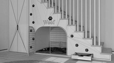 Tamamlanmamış proje taslağı, evcil hayvanlara ayrılmış rahat bir alan, köpek odası iç tasarımı, konsept fikir. Tahta merdiven, parmak izleri, yastıklı köpek kulübesi ve gardırop.