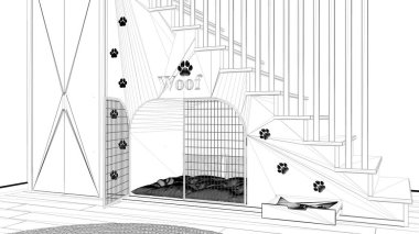 Proje taslağı, evcil hayvanlara ayrılmış rahat bir yer, köpek odası iç tasarımı, konsept fikri. Tahta merdiven, parmak izleri, yastıklı köpek kulübesi ve gardırop.