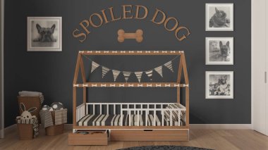 Köpek odasının iç tasarımı, evcil hayvanlara özel gri ve ahşap renkler. Yastıklı ahşap köpek yatağı ve şeker kaseli çekmece. Havlu, oyuncak ve çerçeveli sepetler.