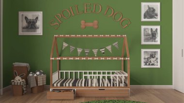 Köpek odasının iç tasarımı, yeşil ve ahşap renkte evcil hayvanlara ayrılmış rahat bir yer. Yastıklı ahşap köpek yatağı ve şeker kaseli çekmece. Havlu, oyuncak ve çerçeveli sepetler.