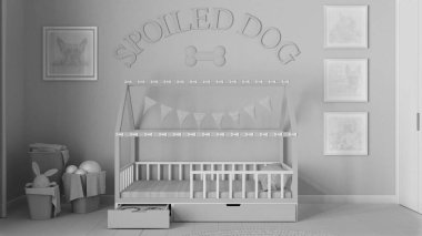 Tamamen beyaz proje taslağı, köpek odası iç tasarımı, evcil hayvanlara ayrılmış rahat bir yer. Yastıklı ahşap köpek yatağı ve şeker kaseli çekmece. Havlu, oyuncak ve çerçeveli sepetler.