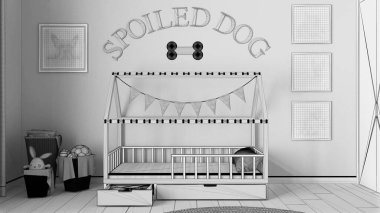 Tamamlanmamış proje taslağı, köpek odası iç tasarımı, evcil hayvanlara ayrılmış rahat bir yer. Yastıklı ahşap köpek yatağı ve şeker kaseli çekmece. Havlu, oyuncak ve çerçeveli sepetler.