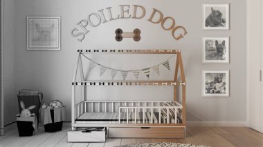 Mimar iç mimar konsepti: elle çizilmiş tamamlanmamış proje, köpek odası, evcil hayvanlara ayrılmış alan. Yastıklı köpek yatağı ve şeker kaseli çekmece