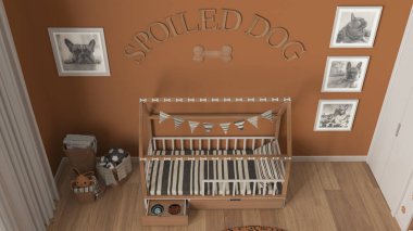 Köpek odasının iç tasarımı, turuncu ve ahşap tonlu evcil hayvanlara ayrılmış rahat bir yer. Yastıklı ahşap köpek yatağı ve şeker kaseli çekmece. Sepetler, çerçeveler ve dekorlar. Üst görünüm, yukarıda