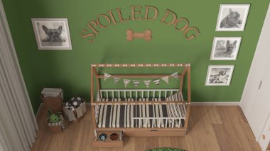 Köpek odasının iç tasarımı, yeşil ve ahşap renkte evcil hayvanlara ayrılmış rahat bir yer. Yastıklı ahşap köpek yatağı ve şeker kaseli çekmece. Sepetler, çerçeveler ve dekorlar. Üst görünüm, yukarıda