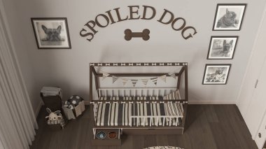 Köpek odasının iç tasarımı, evcil hayvanlara tahtadan yapılmış rahat bir yer. Yastıklı ahşap köpek yatağı ve şeker kaseli çekmece. Sepetler, çerçeveler ve dekorlar. Üst görünüm, yukarıda