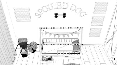 Proje taslağı, köpek odası iç tasarımı, evcil hayvanlara ayrılmış rahat bir yer. Yastıklı ahşap köpek yatağı ve şeker kaseli çekmece. Sepetler, çerçeveler ve dekorlar. Üst görünüm, yukarıda