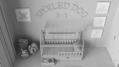 Tamamen beyaz proje taslağı, köpek odası iç tasarımı, evcil hayvanlara ayrılmış rahat bir yer. Yastıklı ahşap köpek yatağı ve şeker kaseli çekmece. Sepetler, çerçeveler ve dekorlar. Üst görünüm, yukarıda