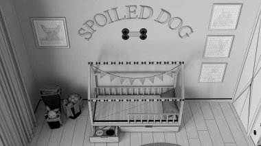 Tamamlanmamış proje taslağı, köpek odası iç tasarımı, evcil hayvanlara ayrılmış rahat bir yer. Yastıklı ahşap köpek yatağı ve şeker kaseli çekmece. Sepetler, çerçeveler ve dekorlar. Üst görünüm, yukarıda