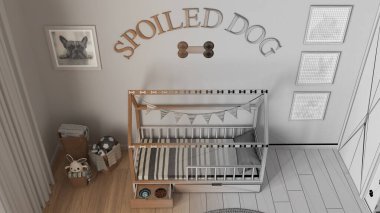 Mimar iç mimar konsepti: elle çizilmiş tamamlanmamış proje, köpek odası, evcil hayvanlara ayrılmış alan. Çekmeceli, şeker kaseli bir köpek yatağı. Üst görünüm, yukarıda