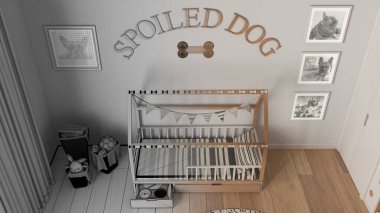 Mimar iç mimar konsepti: elle çizilmiş tamamlanmamış proje, köpek odası, evcil hayvanlara ayrılmış alan. Çekmeceli, şeker kaseli bir köpek yatağı. Üst görünüm, yukarıda