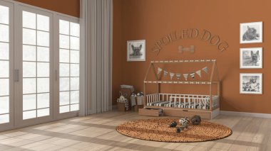 Köpek odası iç tasarımı, turuncu ve ahşap tonlu evcil hayvanlara ayrılmış modern alan. Perdeli ve parke zeminli büyük pencere, yastıklı rahat bir köpek yatağı, çerçeveli, oyuncaklı halı.