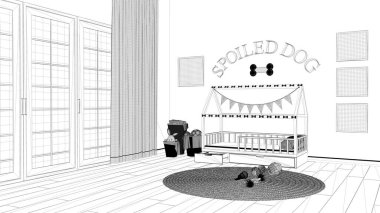 Proje taslağı, köpek odası iç tasarımı, evcil hayvanlara adanmış modern alan. Perdeli ve parke zeminli büyük pencere, yastıklı rahat bir köpek yatağı, çerçeveli, oyuncaklı halı.