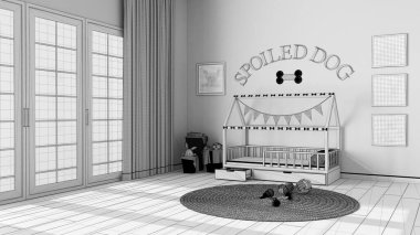 Tamamlanmamış proje taslağı, köpek odası iç tasarımı, hayvanlara adanmış modern alan. Perdeli ve parke zeminli büyük pencere, yastıklı rahat bir köpek yatağı, çerçeveli, oyuncaklı halı.