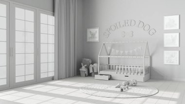 Tamamen beyaz proje taslağı, köpek odası iç tasarımı, evcil hayvanlara adanmış modern alan. Perdeli ve parke zeminli büyük pencere, yastıklı rahat bir köpek yatağı, çerçeveli, oyuncaklı halı.