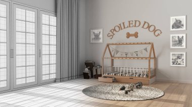 Mimar iç mimar konsepti: elle çizilmiş tamamlanmamış proje, köpek odası, evcil hayvanlara adanmış modern alan. Yastıklı, çerçeveli, oyuncaklı halı kaplı rahat bir köpek yatağı.