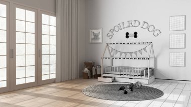 Mimar iç mimar konsepti: elle çizilmiş tamamlanmamış proje, köpek odası, evcil hayvanlara adanmış modern alan. Yastıklı, çerçeveli, oyuncaklı halı kaplı rahat bir köpek yatağı.