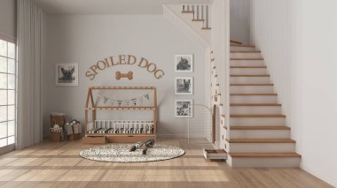 Beyaz ve ahşap tonlu evcil hayvanlara adanmış modern alan, köpek odası iç tasarımı. Pencere, parmak izleriyle dekore edilmiş merdiven, köpek kulübesi, yastıklı köpek yatağı, oyuncak halı.