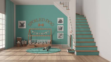 Modern alan turkuaz ve ahşap tonlarda evcil hayvanlara adanmıştır, köpek odası iç tasarımı. Pencere, parmak izleriyle dekore edilmiş merdiven, köpek kulübesi, yastıklı köpek yatağı, oyuncak halı.