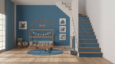 Modern alan mavi ve ahşap tonlu evcil hayvanlara adanmıştır, köpek odası iç tasarımı. Pencere, parmak izleriyle dekore edilmiş merdiven, köpek kulübesi, yastıklı köpek yatağı, oyuncak halı.