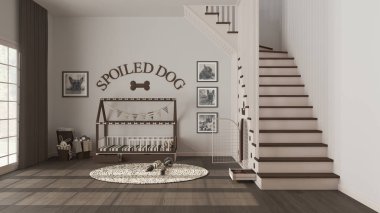 Karanlık ahşap tonlarda evcil hayvanlara adanmış modern alan, köpek odası iç tasarımı. Pencere, parmak izleriyle dekore edilmiş merdiven, köpek kulübesi, yastıklı köpek yatağı, oyuncak halı.