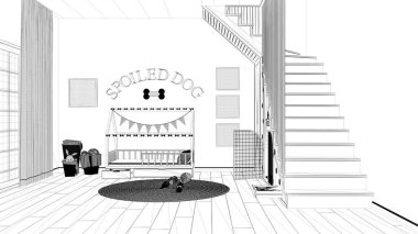 Proje taslağı, evcil hayvanlara adanmış modern alan, köpek odası iç tasarımı. Pencere, parmak izleriyle dekore edilmiş merdiven, köpek kulübesi, yastıklı köpek yatağı, oyuncak halı.